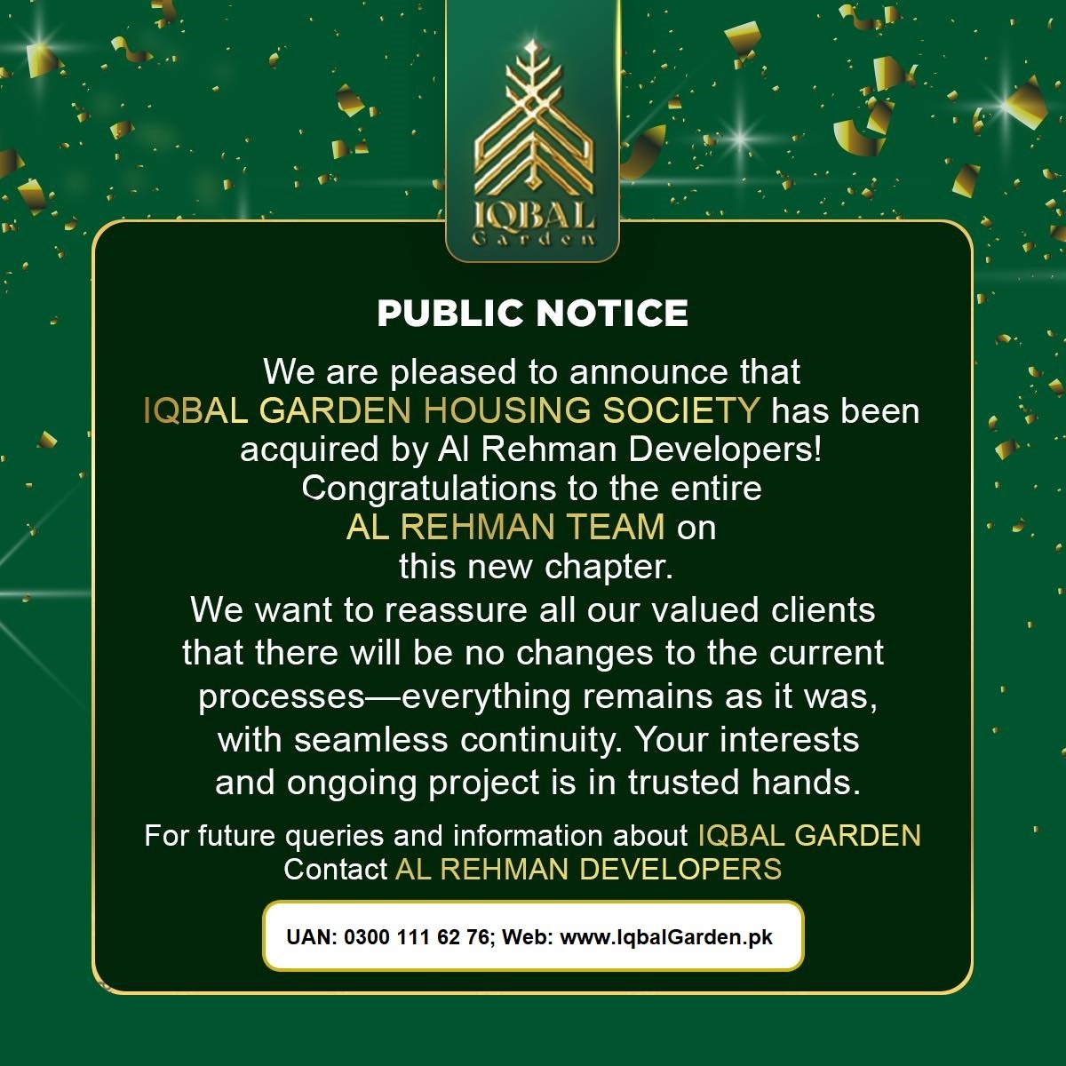 Iqbal Garden has been official took up by Al Rehman Developers